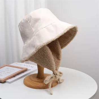 Женская модная панама из меха ягненка, теплая женская шапка для защиты ушей, утепленная панама, Рыбацкая шляпа, уличная зимняя ветрозащитная кепка