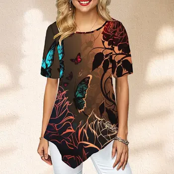 Женская модная футболка с коротким рукавом и цветочным принтом, Женская футболка в готическом стиле, Blusas De Verano Mujer 2023