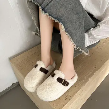 Женская обувь Плюшевые тапочки Для взрослых, роскошные слайды, Лоферы, Низкая зимняя обувь с закрытым носком, Дизайнерский мех 2023 года, плоские резиновые микрофлисы