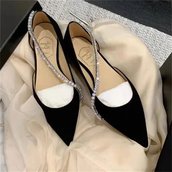 Женская обувь с хрустальными цепочками, острый носок, стразы, женские босоножки на низком каблуке, однотонные женские босоножки из бархата Zapatos De Mujer