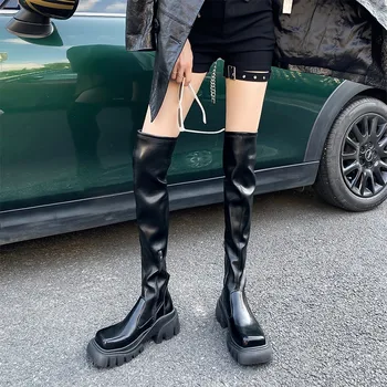 Женская обувь; Новинка 2023 года; Уличные Модные Женские Сапоги выше колена; Облегающие Черные сапоги до колена в готическом стиле На платформе
