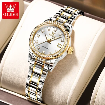 Женские автоматические часы OLEVS с бриллиантами, золотом, роскошной нержавеющей сталью, Элегантные Оригинальные женские автоматические часы, ожерелье, подарочный набор