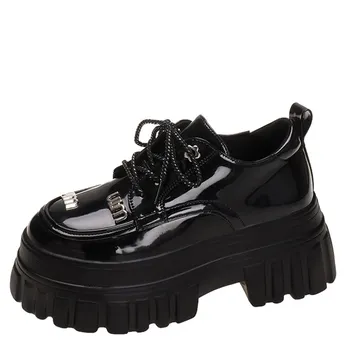 Женские лоферы длиной 8,5 см, женская повседневная обувь из лакированной кожи на платформе, студенческая обувь в британском стиле, на шнуровке, для девочек, черный, бежевый