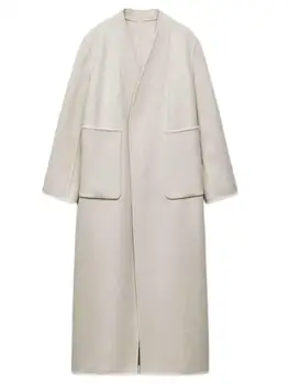 Женские новые модные украшения с отстрочкой, длинное двустороннее шерстяное пальто, винтажная женская верхняя одежда с длинным рукавом, шикарные топы