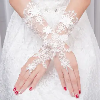 Женские свадебные перчатки без пальцев, кружевные варежки с искусственным жемчугом и цветочной аппликацией, кружевные белые перчатки handschuhe damen elegant