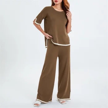 Женские трикотажные футболки контрастного цвета из 2 предметов с круглым вырезом и коротким рукавом и широкие брюки с эластичной резинкой на талии, женская одежда для отдыха, уличная одежда