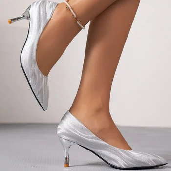 Женские туфли-лодочки на шпильке с острым носком, новинка 2023 года, модная Классическая офисная обувь с мелким носком для женщин, вечерние свадебные туфли