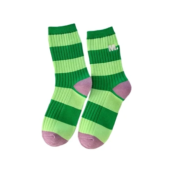 Женские хлопчатобумажные носки, мягкие тонкие комфортные дышащие носки под платье, зеленые носки выше щиколоток с буквами, высокие носки до щиколоток