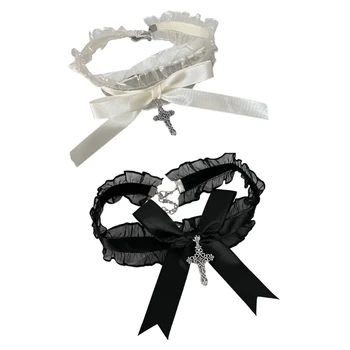 Женское кружевное ожерелье с оборками, лента с бантом, Готические кресты, воротник-чокер