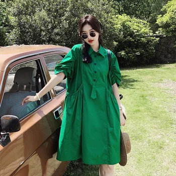 Женское Модное Зеленое платье-рубашка 2023 Лето Новое Элегантное Свободное Платье в корейском стиле для повседневных девушек с большим карманом и коротким рукавом 6090