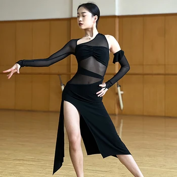 Женское платье для латиноамериканских танцев с длинными рукавами, сексуальное платье нерегулярной формы, костюм для танцев Танго Румба для взрослых, одежда для латиноамериканских соревнований DNV18993