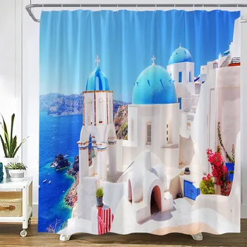 Занавески для душа на греческом острове, сине-белый цвет океана, архитектурный Средиземноморский пейзаж, полиэфирная ткань, крючки для декора штор в ванную