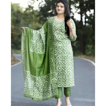 Зеленая хлопчатобумажная ткань Kurti Palazzo Индийские женские шаровары Dupatta ручной работы