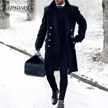 Зимние Теплые толстые шерстяные пальто 2023, мужская уличная винтажная Двубортная ветровка с лацканами, длинная куртка, пальто, модная мужская одежда