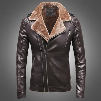 Зимняя мужская брендовая кожаная куртка с плюшевым утеплителем, кожаная куртка с отворотом, мотоциклетная куртка из искусственной кожи, кожаная куртка, пиджак