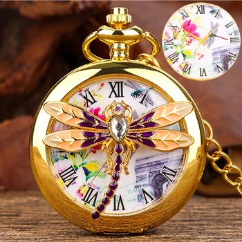 Золотые женские карманные часы с полой стрекозой Кварцевые подвесные часы с римским циферблатом Изысканный подарок на годовщину рождения для жены
