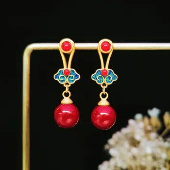 Искусственный жемчуг в винтажном китайском стиле, окрашенный красной краской, в сочетании с перегородчатым благоприятным облаком, серьги для женщин, ювелирные изделия, подарки