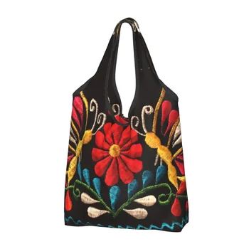 Кавайный принт Мексиканские бабочки и цветочный узор Сумка для покупок Портативная сумка для покупок через плечо Отоми Художественная сумка с вышивкой