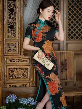 Китайский Традиционный Чонсам Для женщин и девочек, Свадебная вечеринка, Ципао, Модное Винтажное платье с цветочным принтом в стиле ретро, Атласное платье