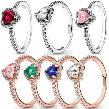 Кольцо из стерлингового серебра 925 пробы с красным сердечком и разноцветными кристаллами Кольца Для женщин Подарок на День рождения Святого Валентина Украшения своими руками