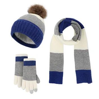 Комплект зимних теплых шапочек-бини, шарф и перчатки с сенсорным экраном для женщин, контрастные шапочки с помпонами, шейные платки с флисовой подкладкой