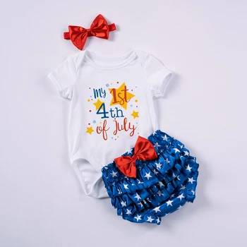 Комплект одежды для новорожденной девочки Четвертого июля, Ползунки с короткими рукавами, Топы, Шорты, Повязка на голову, Наряды на День независимости для младенцев