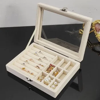 Коробка-органайзер для ювелирных изделий с прозрачной крышкой и 24 сетками, Бархатный Штабелируемый лоток для сережек, Запирающаяся коробка-органайзер для колец, подарки для девочек и женщин