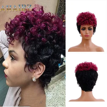 Короткие кудрявые синтетические парики стрижки Пикси Бразильские Фиолетовые Смешанные Черные парики для чернокожих женщин Натуральные Афро Кудрявые Пушистые накладные волосы