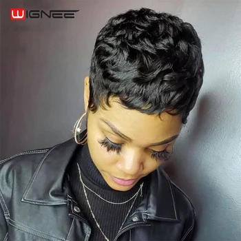 Короткий парик Wignee в стиле Пикси, человеческие волосы, Бразильские короткие вьющиеся Многослойные волнистые парики из человеческих волос для женщин, парики Remy, распродажа