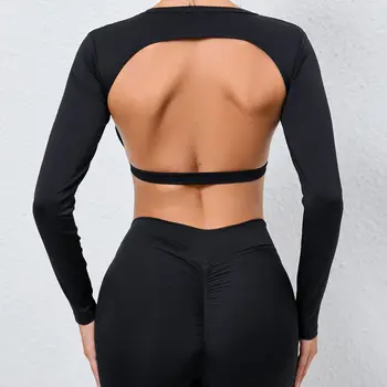 Короткий спортивный топ со встроенными накладками для бюстгальтера, женский сексуальный дизайн, открывающий спину, подходящая одежда для занятий йогой, облегающая одежда для фитнеса с длинным рукавом