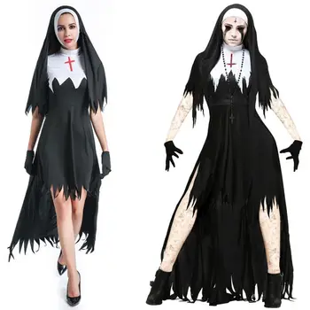 Костюм монахини-террористки на Хэллоуин, Страшные костюмы для косплея, Длинные одежды, Леди, Жуткая Кровавая монахиня, маскарадный костюм