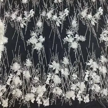 Красивые 3D цветы ручной работы, вышивка жемчугом, французский тюль, сетчатая ткань/ткани из бисера в африканском нигерийском стиле для свадеб.Вечернее платье