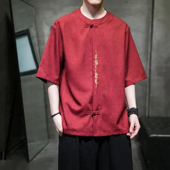 Красный мужской летний костюм эпохи Тан в китайском стиле, мужская модная футболка, старинный топ с коротким рукавом, одежда Дзен
