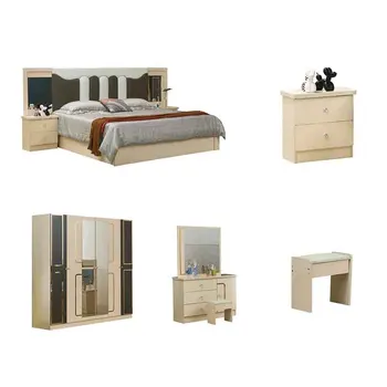 Кремово-желтая мебель для спальни, комплект из пяти предметов, включая 1 кровать, 1 шкаф, 2 прикроватные тумбочки, 1 туалетный столик, модель 2607