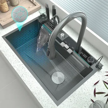 Кухонная раковина с водопадом из нержавеющей стали, цифровой дисплей с тиснением, Большая многофункциональная раковина с одним слотом, Посуда для кухни