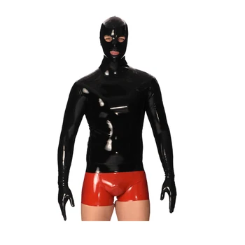 Латекс, 100% резина, мужские длинные брюки, облегающий топ и красные боксерские шорты с маской, 0,4 мм, Размер XXS-XXL