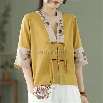 Летняя китайская рубашка из хлопка и конопли с вышивкой в стиле ретро 2023, женская рубашка свободного кроя, топ с коротким рукавом в этническом стиле, женский топ с коротким рукавом