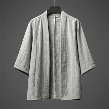 Льняные рубашки-кимоно, мужские летние рубашки-кардиганы, однотонные модные повседневные рубашки с открытой строчкой, Кимоно Мужские