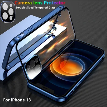 Металлический Чехол с Полной Магнитной Адсорбцией 360 ° Для iPhone 15 14 13 12 11 Pro Max Plus С Двусторонними Стеклянными Защитными Чехлами Для Объективов камеры