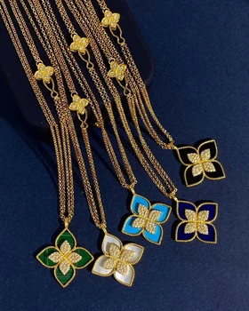 Модное Двойное ожерелье с цепочкой длиной 90 см из 18-каратного золота, серебра, Счастливого Клевера, кубического Циркона, Ретро-цветочной подвески Для женщин, ювелирных изделий