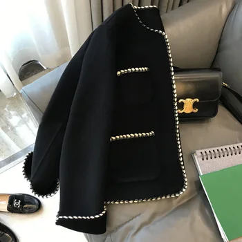 Модное контрастное по цвету двустороннее черное пальто из искусственной шерсти