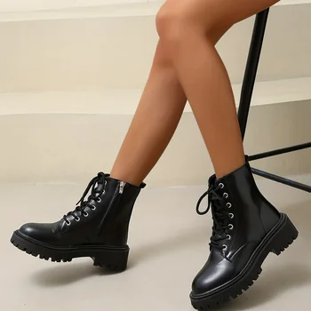 Модные женские армейские ботинки, ботильоны с круглым носком, шнуровкой и боковой молнией, универсальная уличная нескользящая обувь