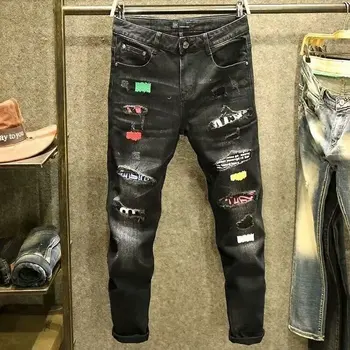 Модные мужские джинсы в стиле ретро, стрейчевые, обтягивающие, рваные джинсы, мужские кожаные дизайнерские брюки в стиле хип-хоп, весна 2024 года