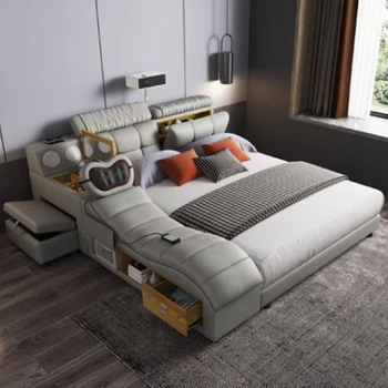 Модульная спальня для хранения вещей, двуспальная кровать King Size, кровать из искусственной кожи, дизайнерская многофункциональная мебель для дома Letto Matrimoniale