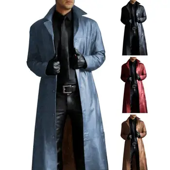 Мужская куртка из искусственной кожи, уличная одежда, мужской тренч из искусственной кожи с отложным воротником, ветрозащитный дизайн, приталенный, длинный