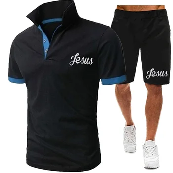 Мужская летняя рубашка-поло с короткими рукавами + брюки пять четвертей из двух предметов с буквенным принтом, летняя деловая повседневная спортивная одежда