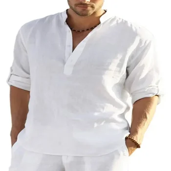 Мужская повседневная свободная рубашка 2023 года, мужская модная однотонная рубашка из хлопка и льна с длинными рукавами и воротником-стойкой