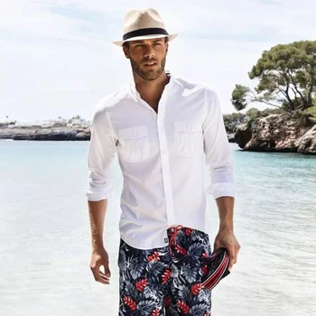Мужская рубашка с длинным рукавом 2023 Для летнего отдыха New Ntar Ntreet Nhot С белым карманом на лацкане, однотонная рубашка
