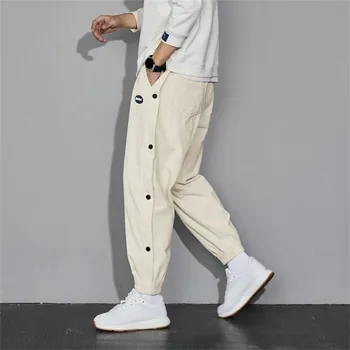 Мужские вельветовые брюки с эластичной резинкой на талии и завязками по бокам, спортивные брюки-карго, модные свободные повседневные длинные брюки