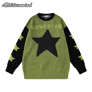 Мужские осенне-зимние новые модные свитера с круглым вырезом в американском стиле, пуловеры в стиле хип-хоп Y2k с рисунком звезд, хай-стрит, пара сращенных пуловеров, Y2k в стиле хип-хоп